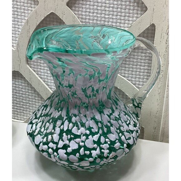 Art Pilgrim Glass Vase & Mini Pitcher Pair Green White Speckled Clear Handle - Picture 2 of 10